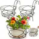 Noamus 3 Pack 10" Hanging Railing Planters Basket, Round Iron Rack Fence Shelf, Metal Wire Flower Pot Holder, Plants Hangers with Detachable Hook for Balcony Garden Indoor and Outdoor (Black)