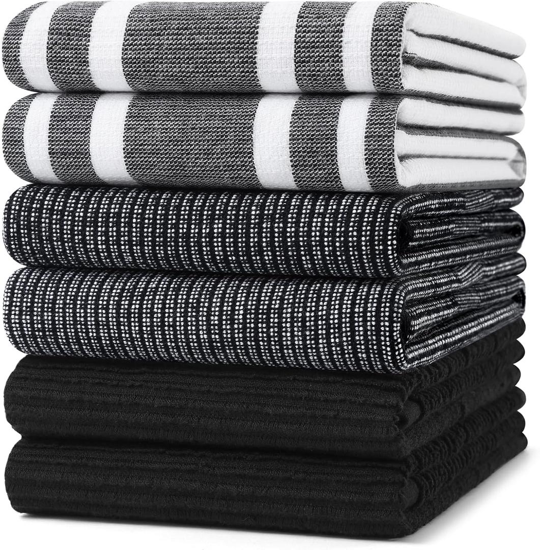 Homaxy Premium Kitchen Towels(18x 28, 6 Pack), Large Cotton 380 GSM Kitchen Hand Towels, Soft and Absorbent Terry Dish Towels, Multipurpose Tea Towel Set with Hanging Loop, Black