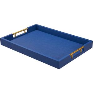 14x20 Inches Blue Faux Leather Wrapped Wood Serving Tray with Metal Handles for Various Occasions, Ottoman, Home Decor Decorative, Living Room, Coffee Table Organizer, Serving Breakfast On Bed