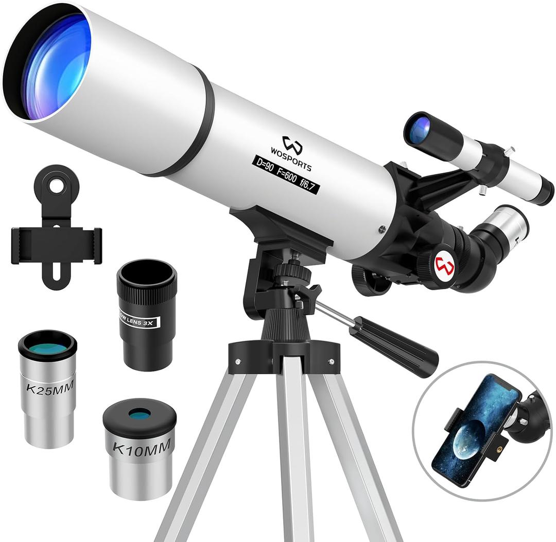 WOSPORTS Telescope for Adults High Powered, 90mm Aperture 600mm Astronomy Portable Professional Refractor Telescope for Beginners, Magnification 180X, with Adjustable Tripod, Phone Adapter, Carry Bag, Large Sofa, Light Gray