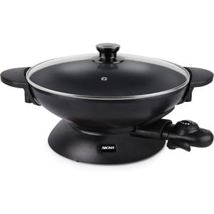 Aroma Housewares AEW-306 Electric Wok with Tempered Glass Lid Easy Clean Nonstick, Cooking Chopsticks, Tempura and Steaming Racks, Professional Model, Black