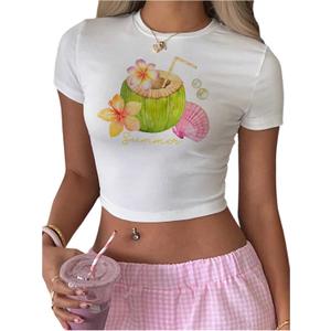 Women's Graphic Bow Short Sleeve Crewneck Crop Tops Slim Fit Y2K Cute T Shirts (White, S)