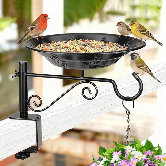 Balcony Bird Feeder, BOLITE Hanging Bird Bath Outdoors Deck Mounted with Garden Decorative Hook for Hanging Planters, Lanterns, Wind Chimes, Gifts for Women Men