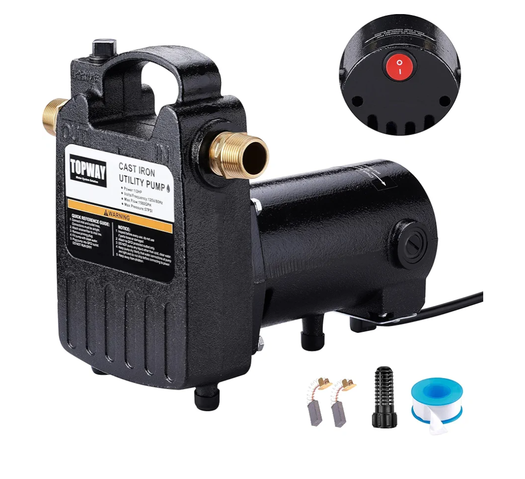 TOPWAY 1/2HP 1560GPH Portable Cast Iron High Pressure Utility Transfer Water Pump with Built-in On/Off Switch,Hose connectors & Suction Strainer
