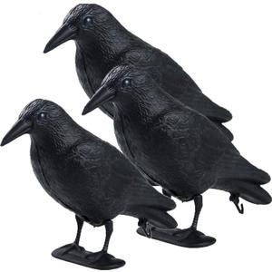 Realistic Crow Decoys, Life Sized Simulation Crow Statue Hunting Bait Decoys Black Crow Figuring,Flying Bird Props for Halloween Party Outdoor Garden Decoration (3PCS)