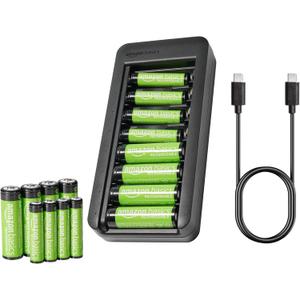 Amazon Basics Rechargeable NiMh Battery with Bay Charger, 8 AAA 800mAh + 8 AA 2000mAh, No AC Power Adapter, USB C Port, Pack of 16, Black