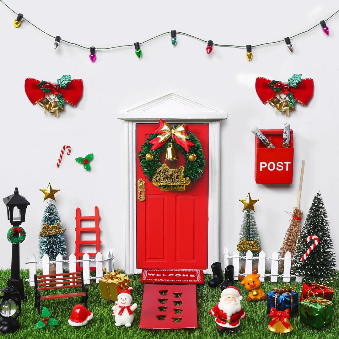 39pcs Red Christmas Elf Fairy Door Decorations Sets Miniature Figures Wooden Doors Santa Claus Snowman Kit for Xmas Mini Dollhouse Accessories House Room Wall Decor