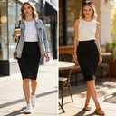 Kate Kasin Womens Knee Length Elastic Waist Stretchy Bodycon Plaid Business Pencil Skirt (Black, M)