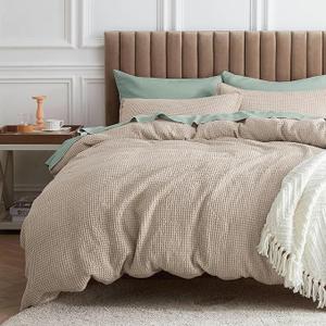 Bedsure Waffle Comforter Set Queen, Khaki Soft Cotton Bedding, Waffle Weave Bed Set, 3 Pieces, 1 Comforter (90"x90") and 2 Pillow Shams, Premium Cotton Cover with Polyester Fill for All Seasons