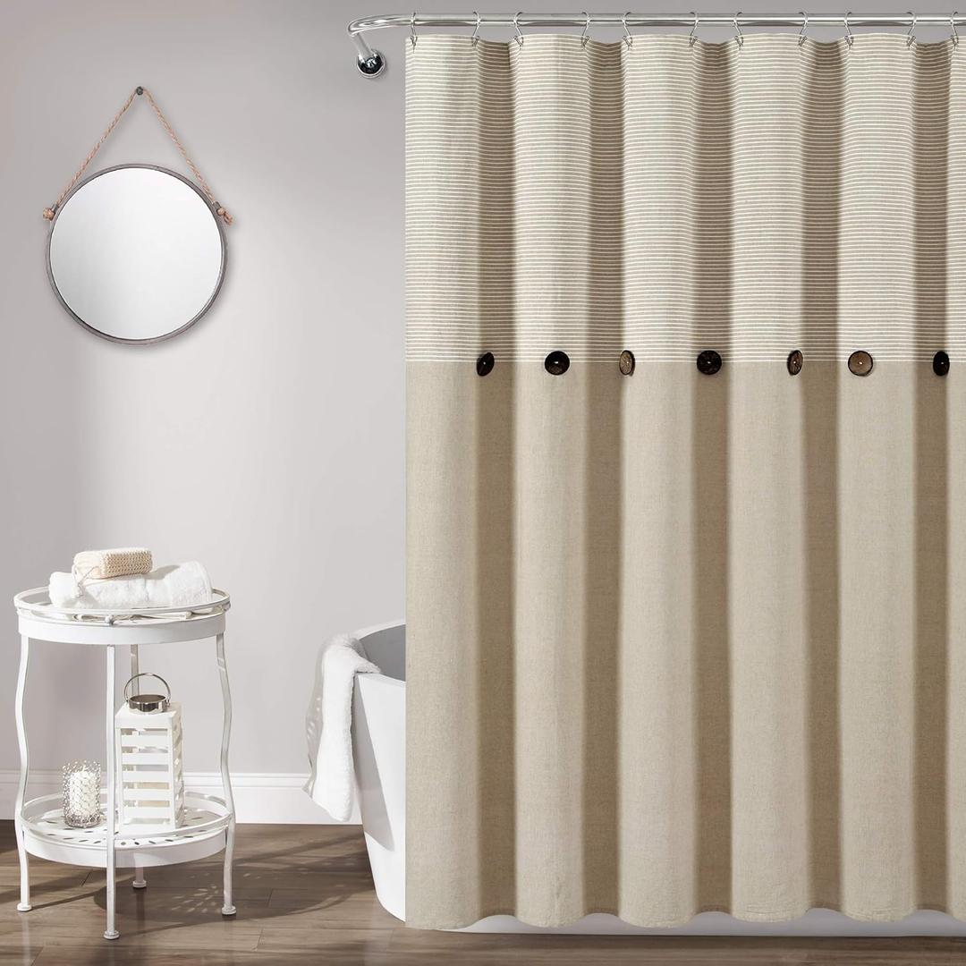 Lush Decor Farmhouse Button Stripe Yarn Dyed Cotton Blend Shower Curtain Single 72" W x 72" L Linen - Rustic Shower Curtains for Bathroom - Bath Curtain