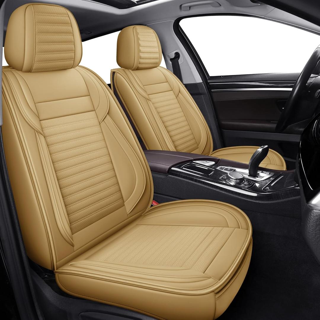 LINGVIDO Full Set Car Seat Covers, Faux Nappa Leather, Airbag Compatible and Waterproof Protectors for Sedans SUVs, Breathable Interior for Active Families, Pets, and Commuters (5 Seats, Beige)
