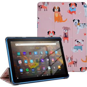 Case for Amazon Kindle Fire HD 10 Tablet (13th Generation, 2023 Release), Cute Cartoon Kawaii Trifold Stand Cover Backshell with Auto Wake/Sleep (Pink Dogs)