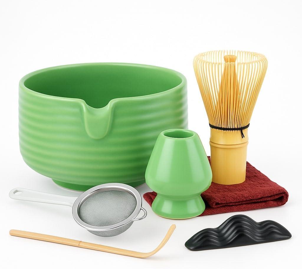 Complete Matcha Tea Set - Traditional Japanese Matcha Ceremony Kit with Bamboo Whisk & Bowl with Spout, Whisk Holder & Sifter - Perfect for Mindful Tea Experience (Green)