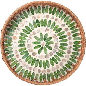 YANGQIHOME Round Serving Tray With Decorative Mother of Pearl Inlay, Rattan Wicker for Home Decor, Table Decor, Gifts, Dining, Woven for Food, Fruit, Coffee, 11.8 Inch (Green/White)