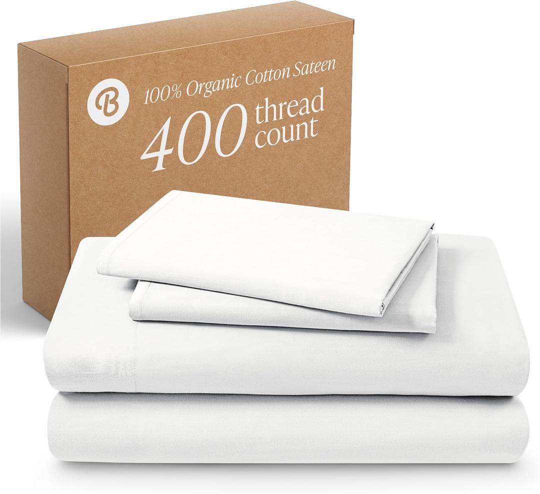 Bare Home 100% Organic Cotton Queen Sheet Set - 400 Thread Count - Smooth Sateen Weave - Breathable & Cooling - Hotel Luxury Set - Deep Pocket Bed Sheets (Queen, White)