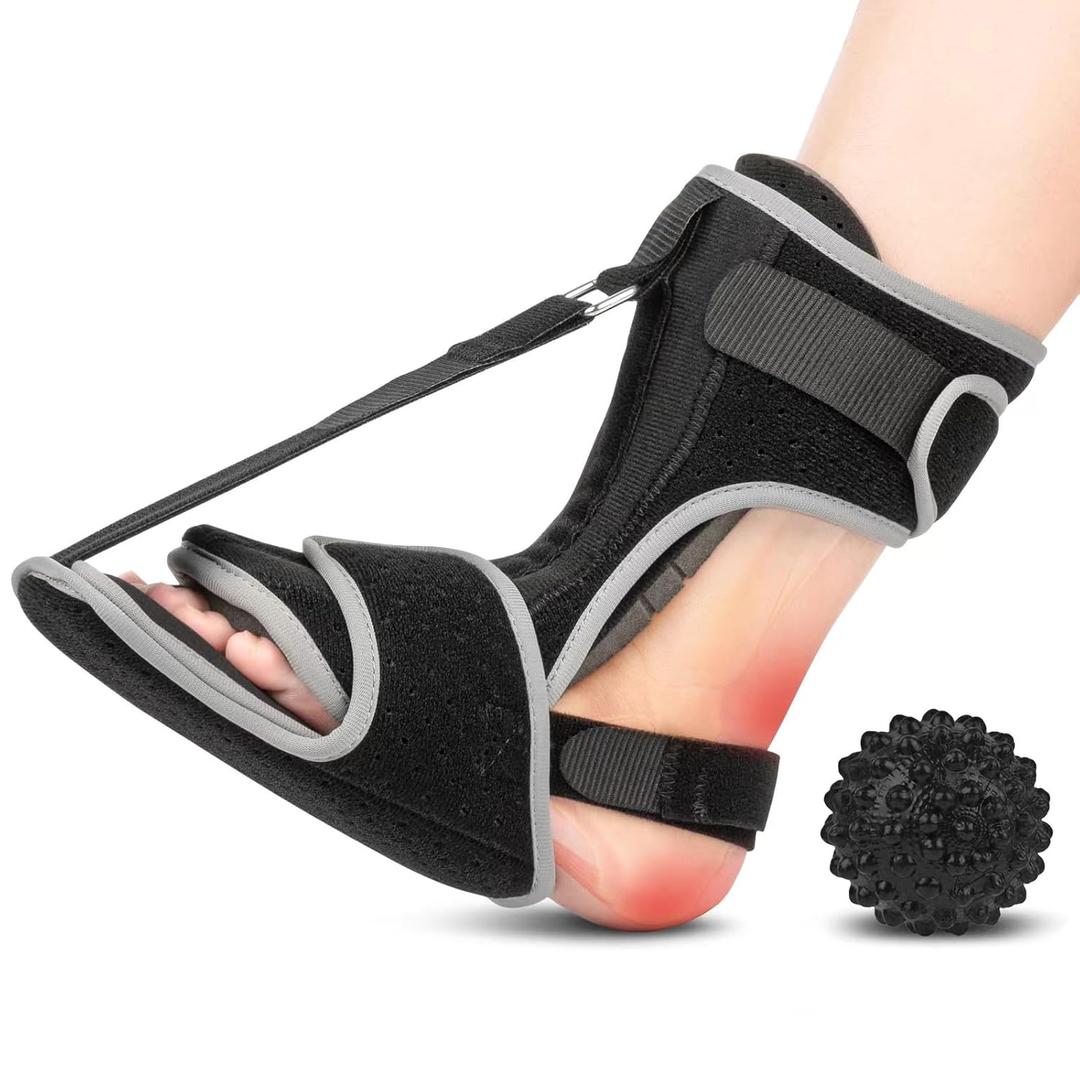 Plantar Fasciitis Night Splint with Massage Ball for Plantar Fasciitis Relief, Comfortable Plantar Fasciitis Brace for Achilles Tendonitis Heal Spur Foot-drop Flat-arch, Free Size for Men and Women - Black, 1 Pack (Black)
