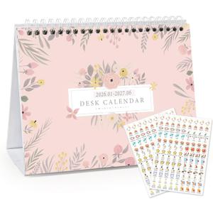 Small Desk Calendar 2026-2027, Mokani Standing Desktop Calendar (Jan.2026-Jun.2027), Academic Flip Calender with Stickers & US Holidays Marked (8"x6")