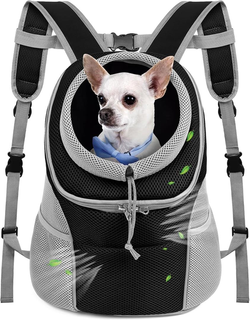 WOYYHO Pet Dog Carrier Backpack Small Dog Front Backpack Ventilated Dog Carrier Back Pack with Storage Pockets, Adjustable Straps & Safety Belt for Travel Hiking Outdoor (Size L: 10-14 lbs, Gray) (Grey)