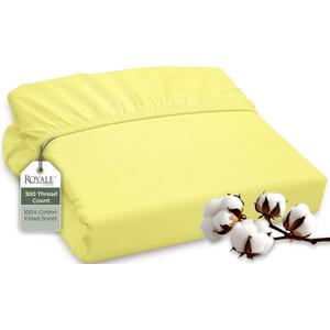 ROYALE LINENS 300 Thread Count 100% Long Staple Combed Cotton Fitted Sheet Queen - Super Soft Deep Pocket Bottom Sheet - Fitted Sheets Only - Elastic Sheets (Queen, Yellow)