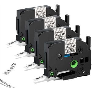 Label Maker Tape Clear TZe TZ Tape 12mm 0.47 Laminated TZe-131 Replacement for Brother P-Touch Label Tape Black on Clear TZe131 for Ptouch PT-D220 D210 H110 1180 1280 1890 Refills, 4-Pack