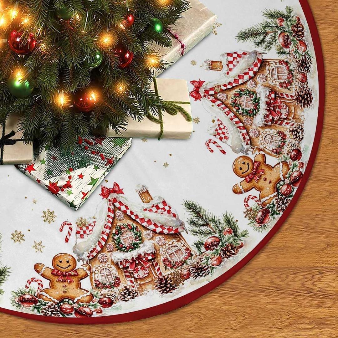 Christmas Tree Skirt 36Inches Christmas Gingerbread Sweet Candy Lollipop Xmas Tree Skirt Mat for New Year Holiday Christmas Party Red Gold Decorations (Red, 36in)