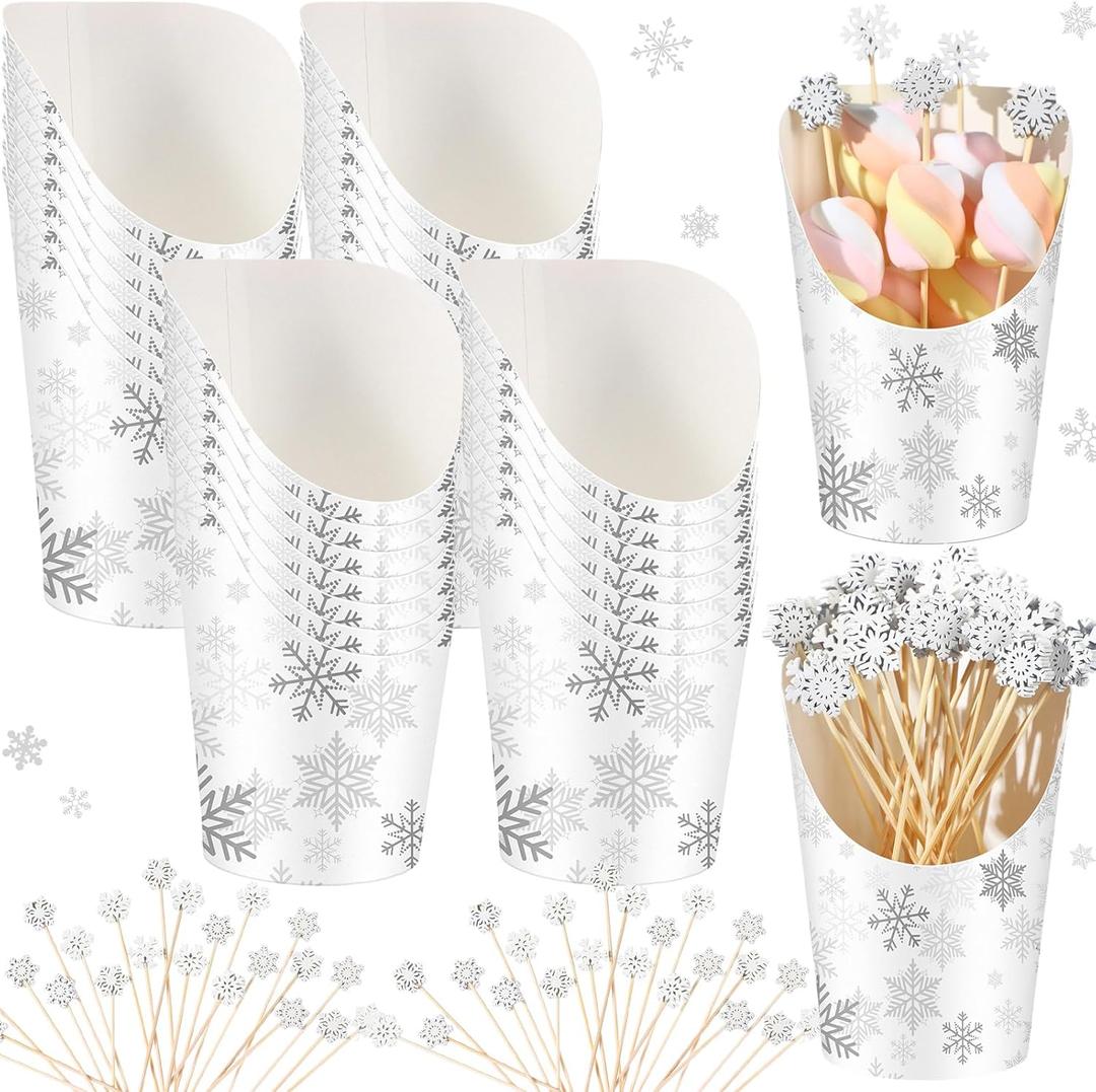 250pcs Winter Snowflake Charcuterie Cups with Picks Set 50pcs Winter French Fries Cups 200pcs Winter Cocktail Picks 14oz Disposable Paper Snack Cups Fruit Sticks for Winter Party(Silver)