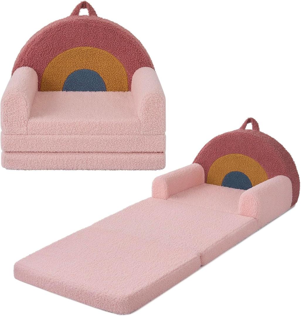Blissful Diary Foldable Toddler Couch, 2-in-1 Comfy Toddler Chair & Lounger for Reading, Playroom, Kids Couch Sofa for Girls Boys Birthday Gift, Blush Rainbow