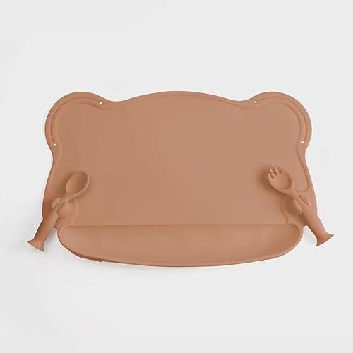 AXXXEST Silicone Placemats for Babies & Toddlers - Deep Food Catcher Pocket & Stable Base for Restaurants, Travel Essentials Set with Storage Pouch (3-Piece Set) Brown