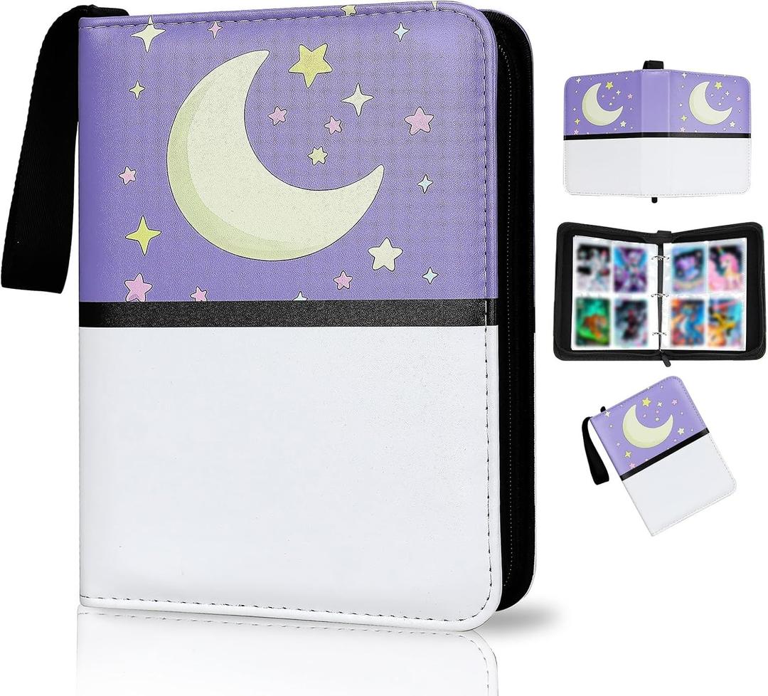 Collectible Trading Card Albums,4 Pocket Card Binder, 400 Double Sided Pocket,PU Premium Zip Trading Card Binder for TCG, MTG,Sports Cards (Purple White)