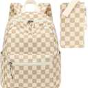 LEDAOU Mini Backpack Set Fashion Bookbags with Purse Wallet Cute Backpack Set for Women Teens School Travel Bag (Brown White Check)