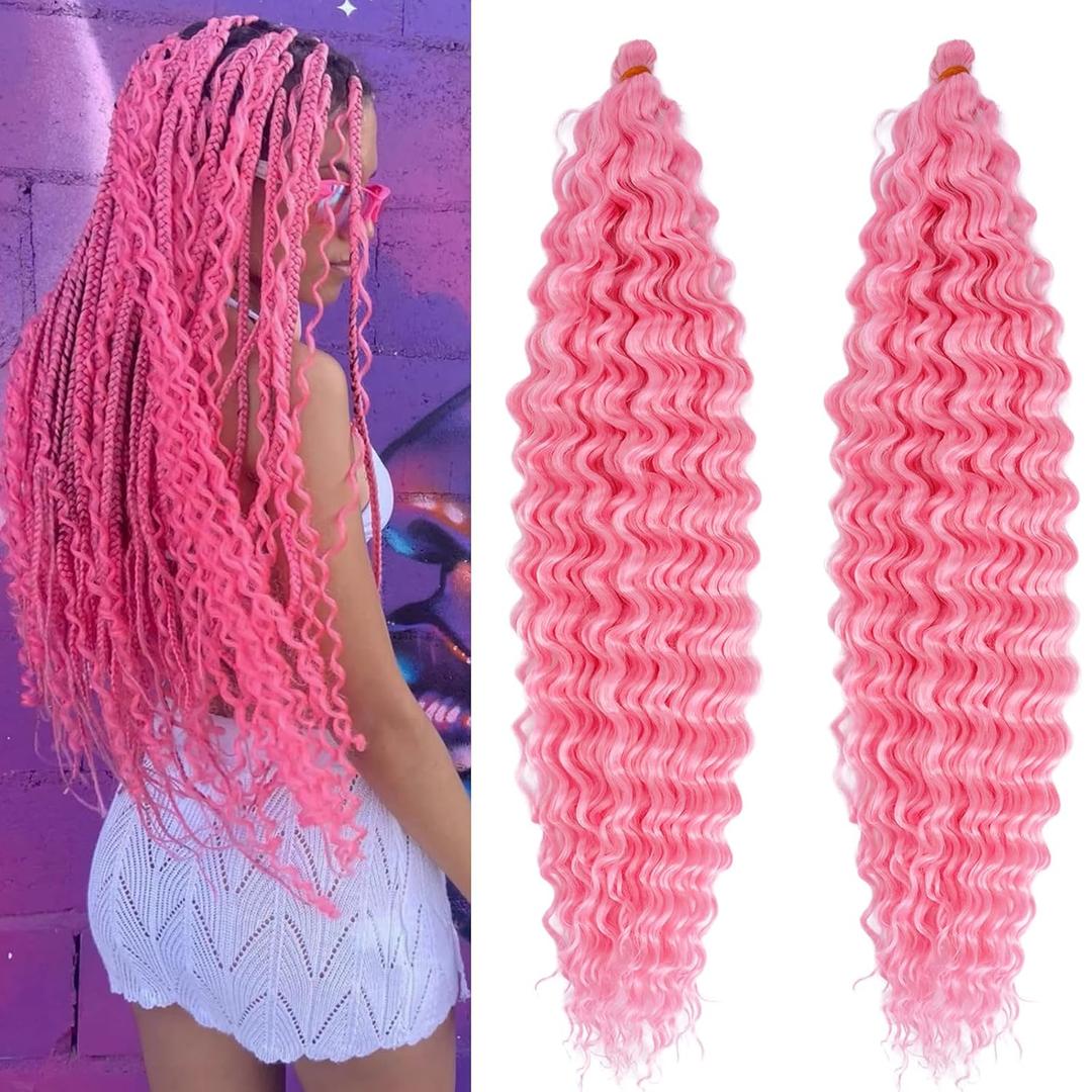 Pink Curly Ocean Wavy Braiding Hair for Black Women 24 Inch 2 Packs Pink Boho Hair for Braiding Deep Wave Crochet Hair Soft Curls for Boho Braids Extensions