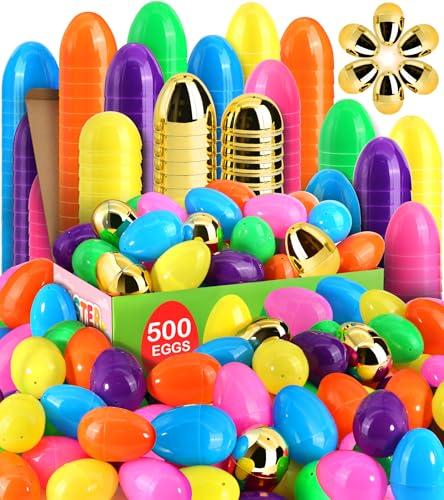 Pack of 3 LEASEN [ 12 Surprise Golden Eggs ] 500 Pack Plastic Easter Eggs Bulks, 2.3 Inch Empty Easter Eggs, Bright Colors Plastic Eggs Fillable for Easter Hunt, Basket Stuffers Fillers, Easter Party Favor
