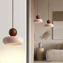 Wabi Sabi Pendant Light, 5.9" Natural Yellow Travertine Pendant Light with Round Stone Shade and Wooden Globe, Retro Mini Pendant Lighting Perfect for Bedroom Bedside Light Living Room Kitchen