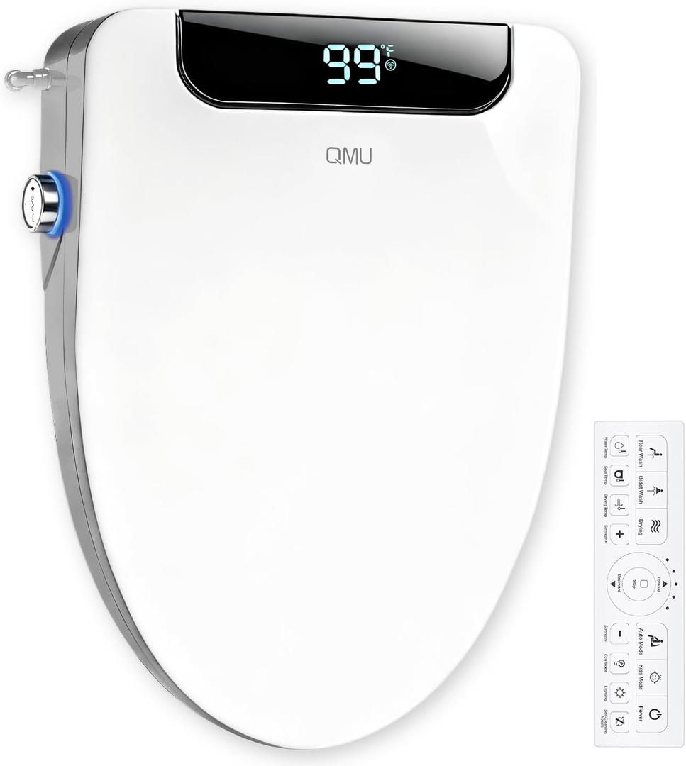 Heated Bidet Toilet Seat Elongated with LED Display & Remote Control - Smart Soft Close Toilet Seat Electric Bidet with Dryer, Warm Water, Feminine Wash, Self-Cleaning Nozzle, IPX4, White