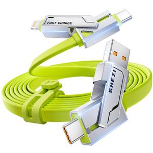 SHEZI [2025 Newly Upgrade] 4-in-1 Charging Cable 240W 5FT USB C Cable Fast Charging Flat Soft Thick Silicone for iPhone 16/15 Charger Cord, Multi Charge Combo with Lightning/USB C/USB A Port, Green