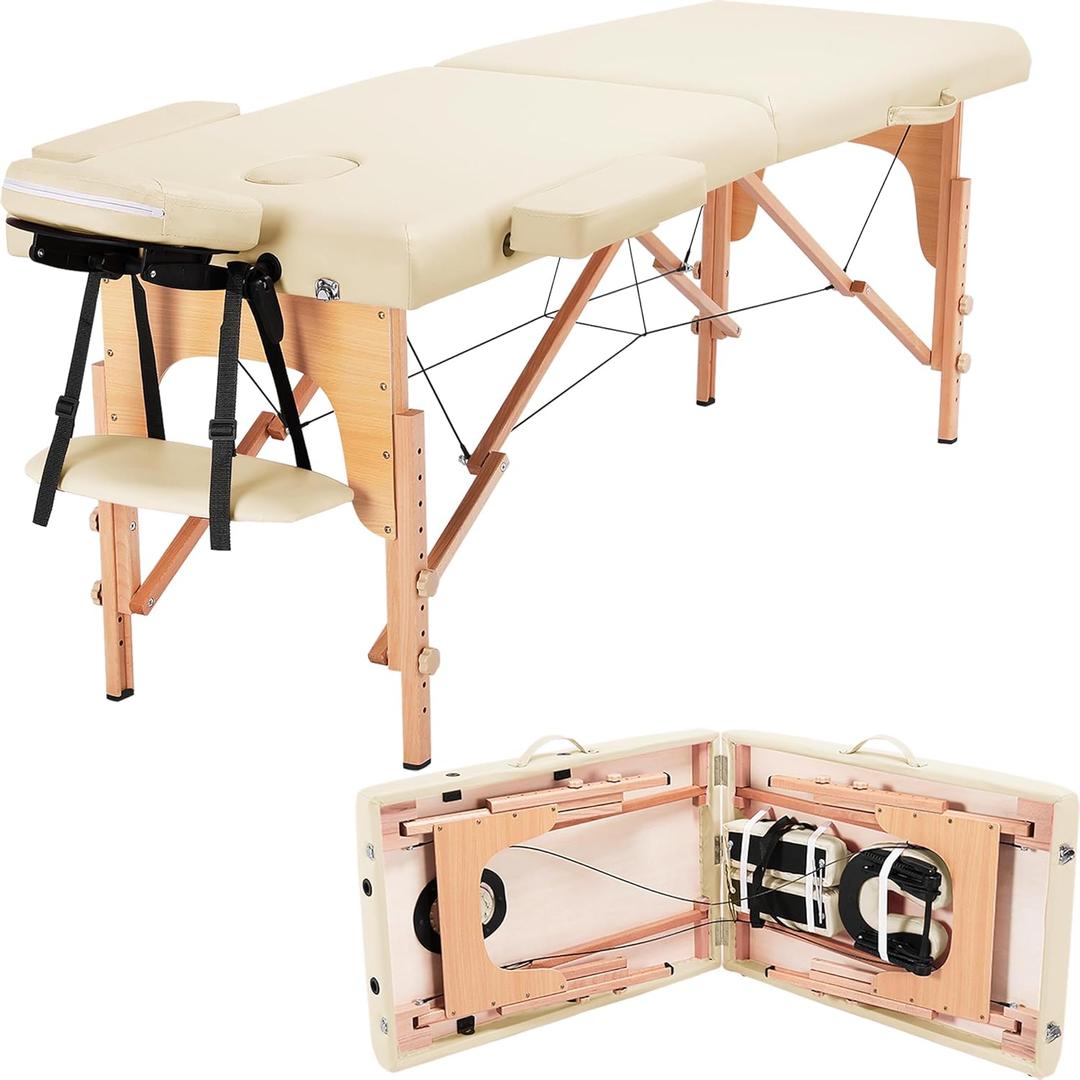 Yaheetech Massage Table Portable Lash Beds Spa Bed Massage Couch Foldable Spa Tables Adjustable 2 Fold with Non-Woven Bag 24 inch, Cream (24 inch width)