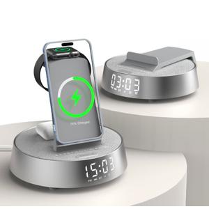 Alarm Clock Charging Station for Bedrooms, Wireless Charging Station with Dimmable Night Light Bluetooth Speaker, Mag-Safe Charger for iPhone 16 15 14 13 12 Pro Max, Apple Watch, AirPods Pro