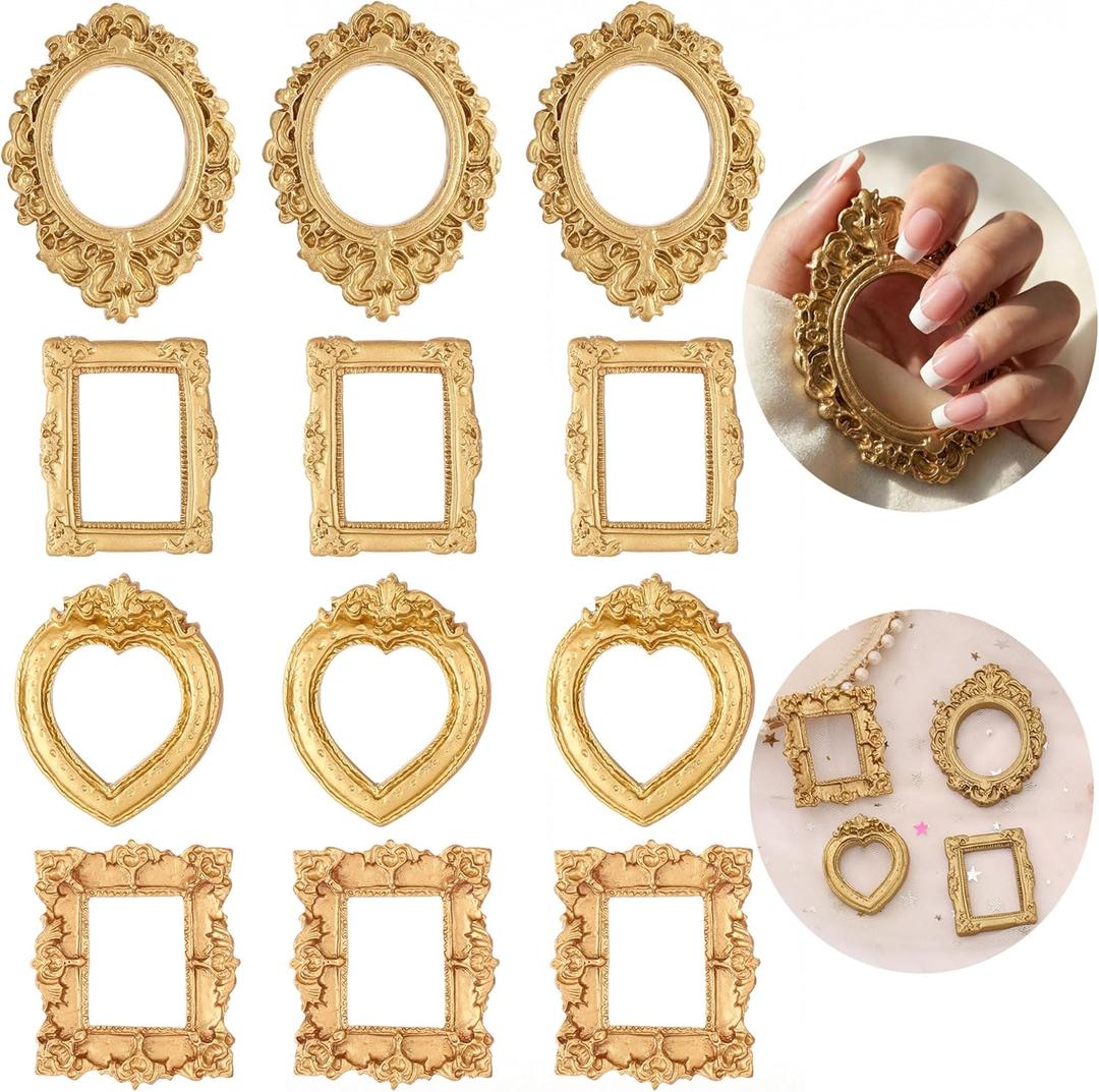 12Pcs Mini Gold Picture Frames, Antique Small Resin Frames for Jewelry Display, Tiny Frames for DIY Photo Crafts Holiday Party Wedding Decor