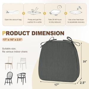 downluxe Chair Cushions for Dining Chairs, Waterproof Kitchen Chair Pads, Non-Slip Dining Seat Cushion with Ties, 17" x 16" x 2.5", Dark Grey, 2 PCS