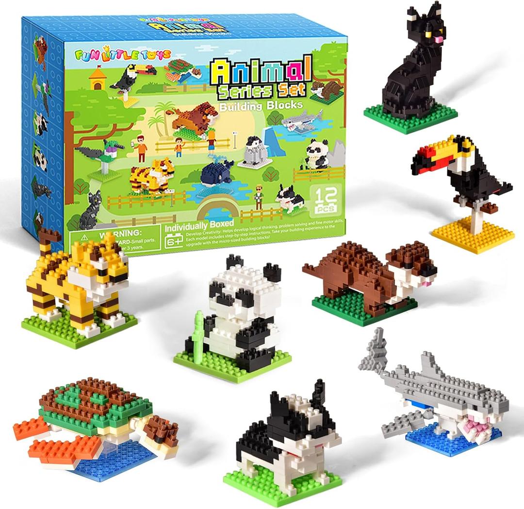 FUN LITTLE TOYS Party Favors for Kids 6-12, 12 Pack Mini Animal Building Blocks, Individually Packaged Small Building Toys with Instructions, Classroom Prizes, Goodie Bag Stuffers, Prize Box Toys