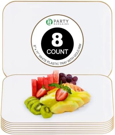 Party Bargains Plastic Serving Tray - 8 Pack, 8" x 11” Rectangular Organic Collection White Serving Platter with Gold Rim, Disposable Food Tray for Snacks, Appetizers, Charcuterie, Weddings, Buffets