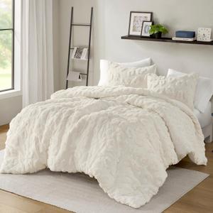 Intelligent Design Queen Duvet Cover Set Chenille Tufted Animal Print Pattern Duvet Cover Queen Size, All Season Fuzzy Bedding Cover, Soft Microfiber Reverse, Larissa, Full/Queen Off-White 3 Piece