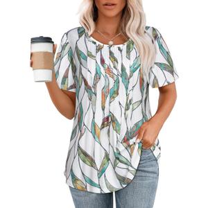 Womens T Shirts Short Sleeve Tops Dressy Casual Blouses Pleated Front Summer Outfits 2026 (Medium, Colorful Leaves)