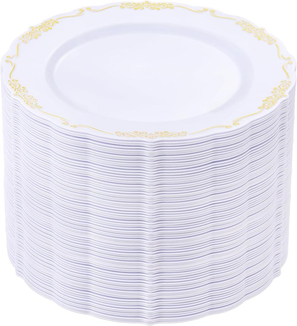 DaYammi 60PCS White and Gold Plastic Plates, Heavy Duty White and Gold Disposable Plates Premium 7.5inch White Dessert Cake Salad Appetizer Plates Hard Plastic Platos Disposable for Party Wedding