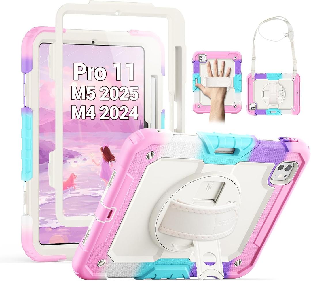 SEYMAC for iPad Pro 11 Inch Case M5 2025 / M4 2024, Heavy Duty Shockproof Protective Case with Screen Protector, 360 Rotating Stand, Hand/Shoulder Strap and Pen Holder, Colorful Pink