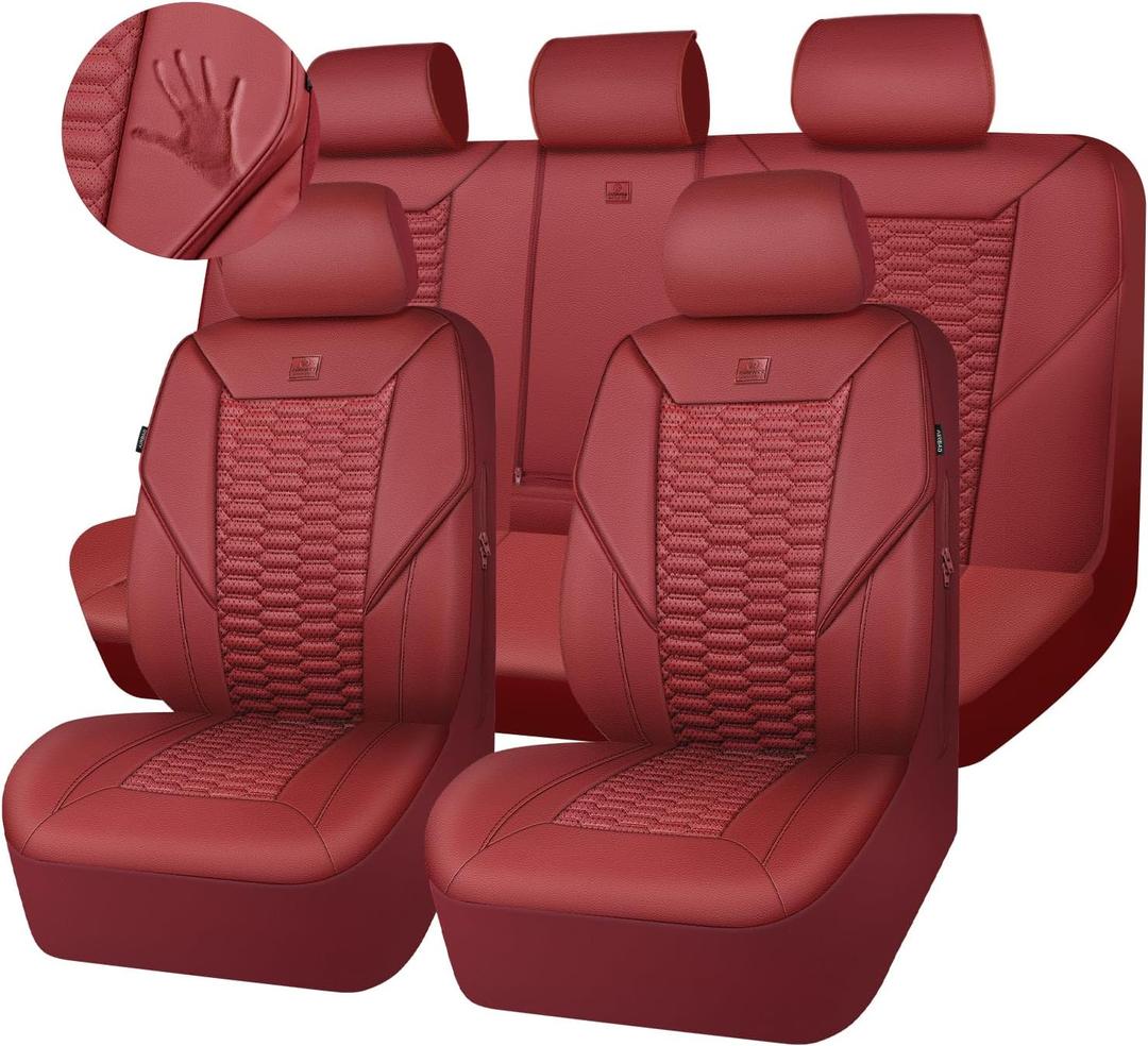 CAR PASS 3D Foam PU Leather Car Seat Covers Full Set,Luxury Breathable Faux Leather Seat Covers for Car,Anti Slip Universal Fit for SUVs Vans Sedan Trucks Automotive,Armrest Airbag Compatible Burgundy