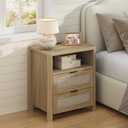 Rattan Nightstand w Charging Station, Large Boho Night Stand, Natural Wood, 15.9"L x 11.8"W x 23.5"H