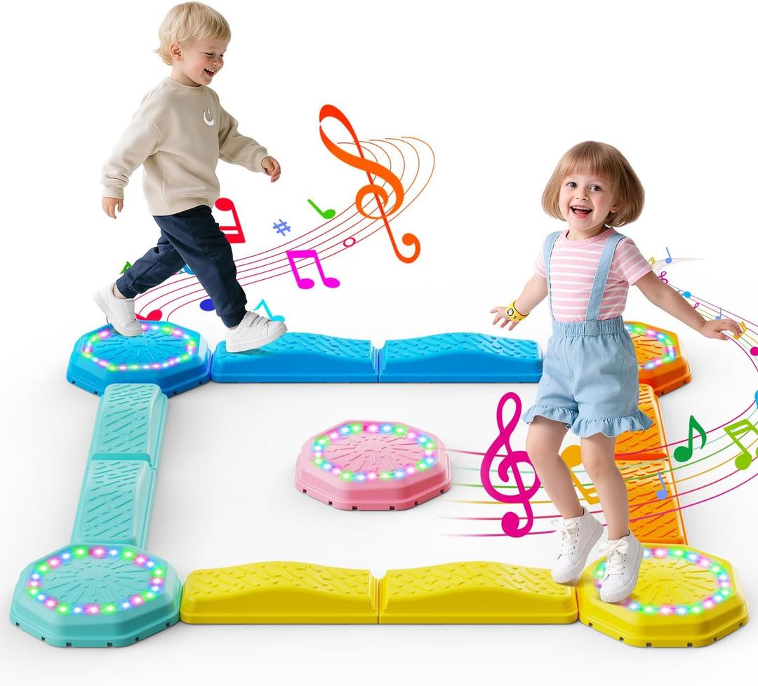Holyton Music Light Up Balance Beam and Toddler Stepping Stones 13 Pieces, Non-Slip Plastic Balance Stackable Stepping Stones for Kids, Sensory Toys for Toddlers, Indoor or Outdoor Play, Easy Storage
