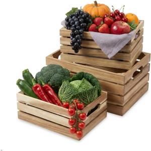 Nesting Wood Storage Crates (Set of 3) - Light Natural Acacia Wood Stackable Wooden Boxes for Storage & Organization - Decorative Wooden Basket Set for Fruits, Shelving & Home Decor