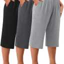 Huukeay 3 Pack Women's Plus Size Capri Pants, Cotton Wide Leg Capris Sweatpants Summer Loose Cropped Yoga Pants with Pockets (5X-Large, Black, Heather Gray, Light Gray)